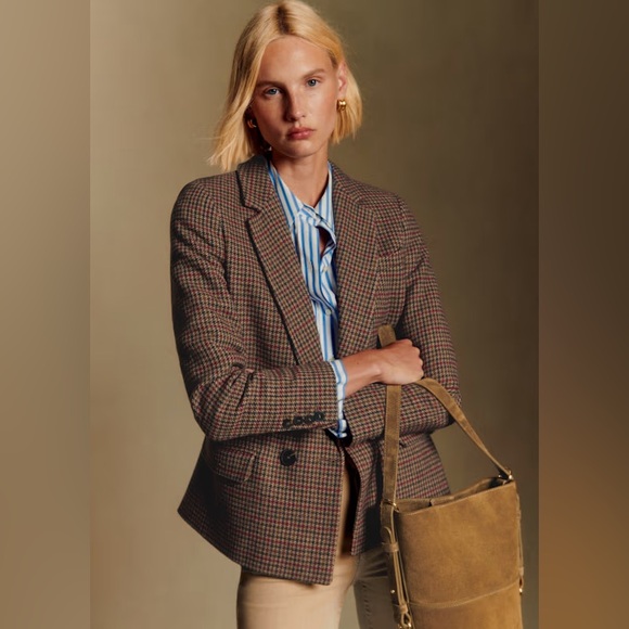 Sezane Christie Blazer Multicolored Houndstooth Wool Blend Size 42 US 10 NEW NWT - Picture 2 of 14